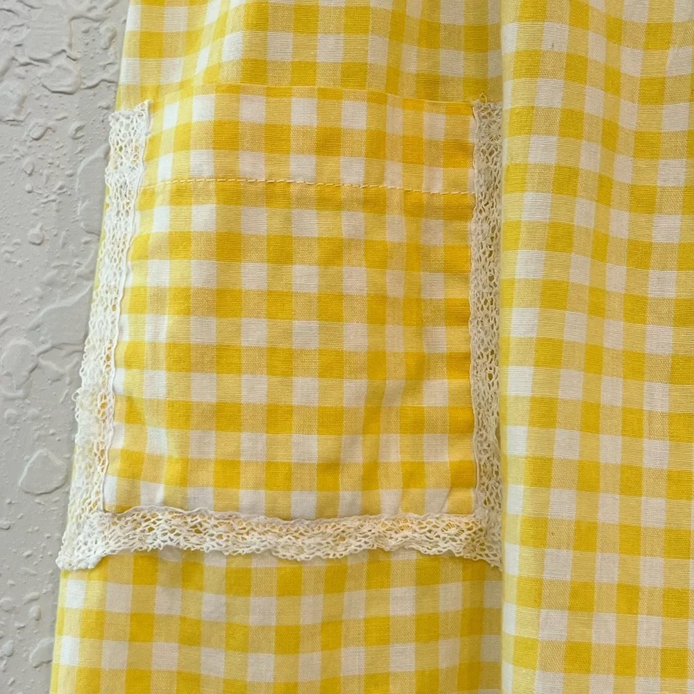 Handmade Yellow White Gingham Half Apron With Lace Trim Pockets Vintage Style